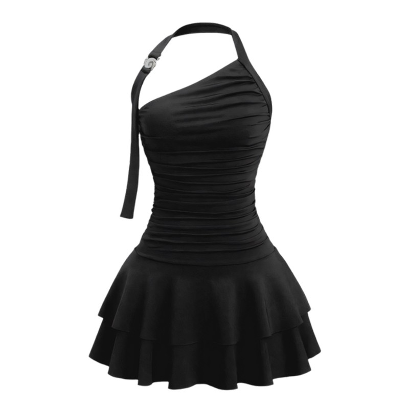 Shoulder Wrap Neck Bodycon A Line Pleated Dress For Women Lady Color Option