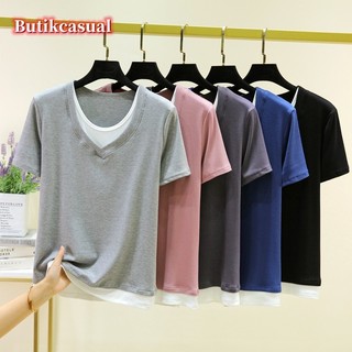 Áo thun cotton nữ mùa hè giả hai mảnh áo thun tay ngắn mới ren mỏng đáy áo sơ mi đa năng mỏng hàng đầu
