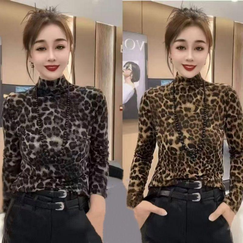 Áo sơ mi mỏng tay dài có cổ cao nửa cổ, họa tiết da báo, phong cách thời trang đơn giản