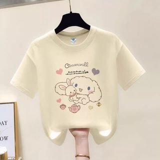 Áo thun cổ tròn in hình hoạt hình chú chó quế dễ thương dành cho bé gái, kiểu dáng giản dị, đa năng và thoải mái.