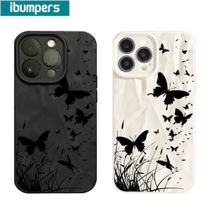 Ibumpers Ốp Điện Thoại Bướm Đen Thanh Lịch Họa Tiết Cỏ Silicon Mềm Cao Cấp Chống Sốc Cho iPhone 11 12 13 14 15 16 17 Pro Max IP 7 8 Plus Iphon X XS XR Xs max