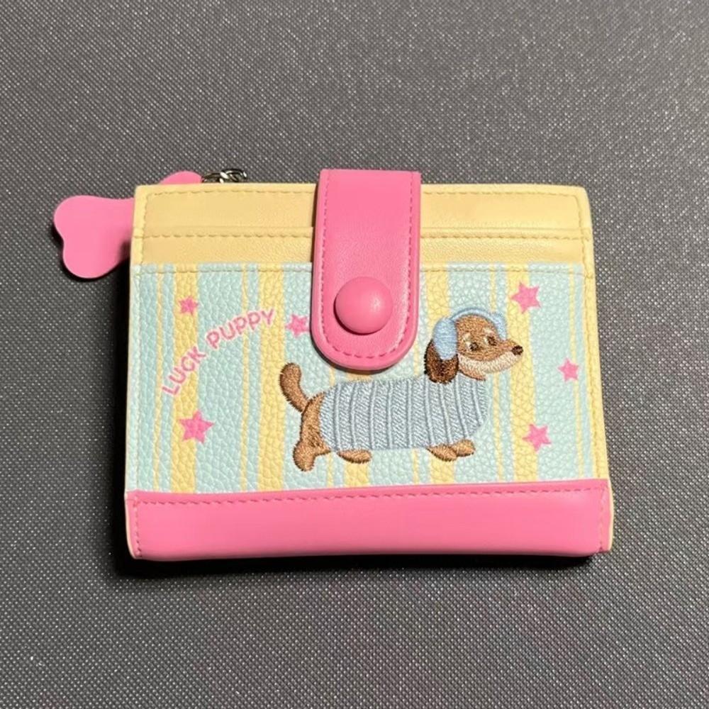 Ví ngắn SAVORBOX, Ví đựng tiền xu có dây kéo màu Dopamine, Ins Dachshund In hình chó hoạt hình Túi đựng thẻ PU dành cho nữ Cô gái