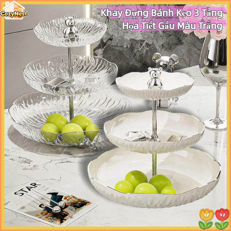 Khay Đựng Bánh Kẹo 3 Tầng Họa Tiết Gấu Màu Trắng-Nhựa Cao Cấp Decor Phòng Khách, Để Bàn Sang Trọng