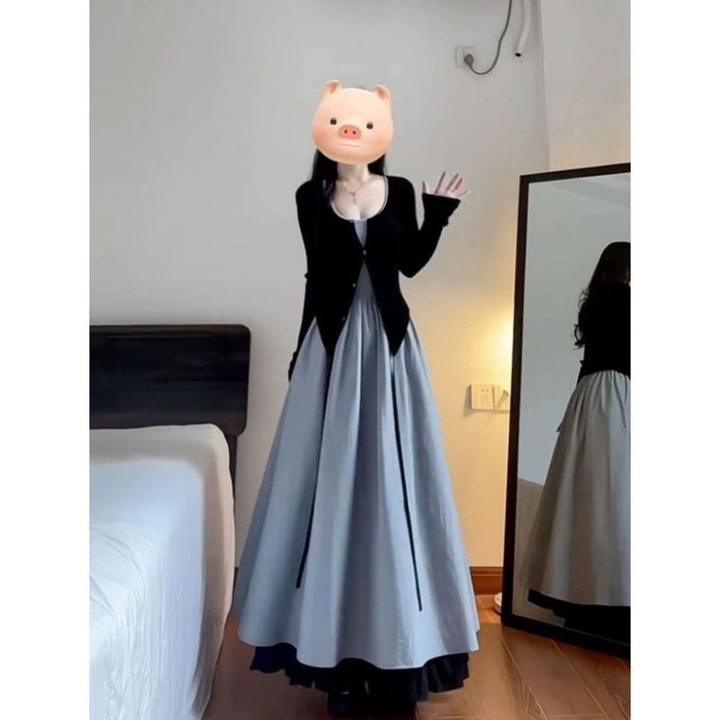 Mùa Thu Đầm Liền Cardigan Tay Dài Phong Cách Hàn Quốc Cao Cấp