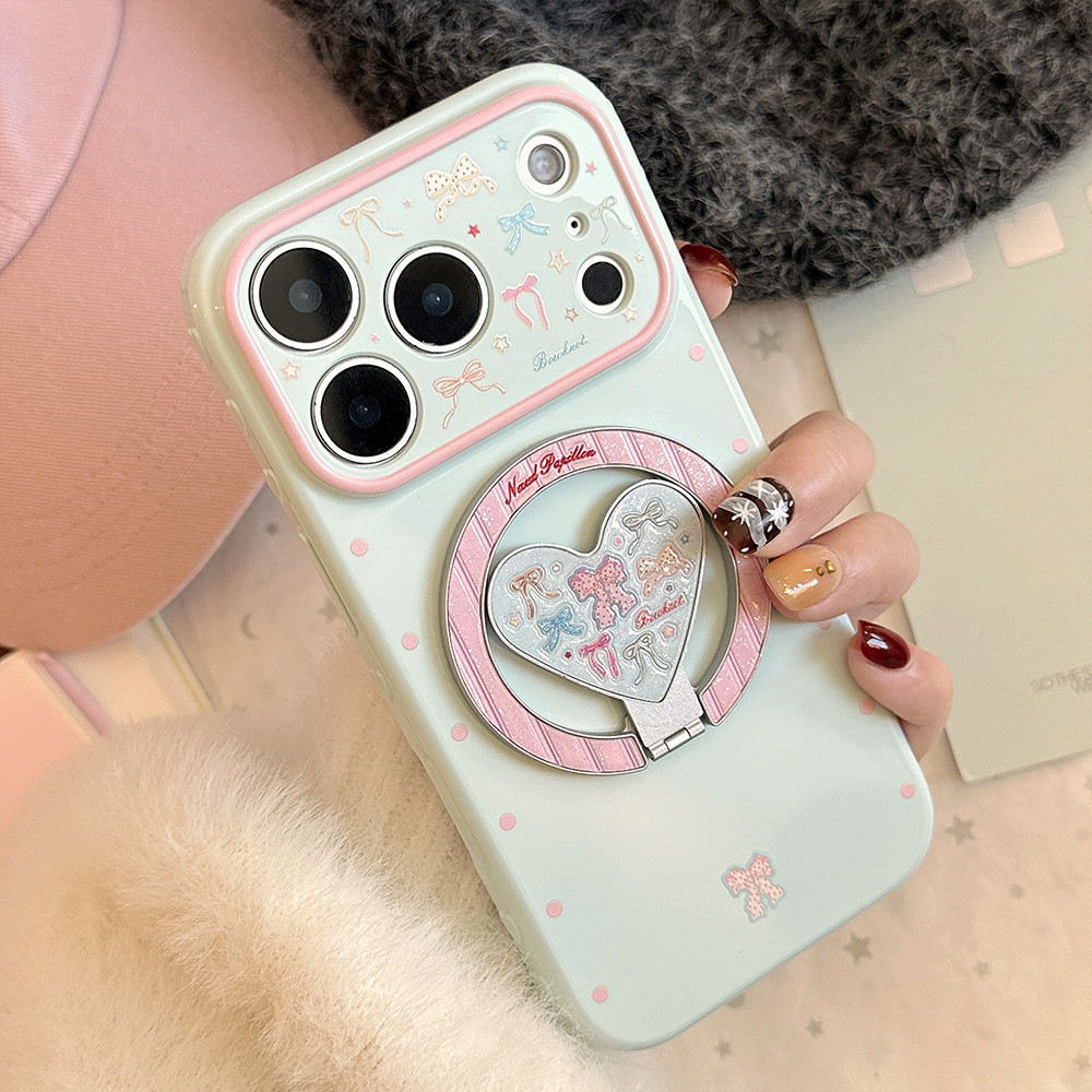 Giá đỡ gấp từ tính Bowknot Side Love Heart Vỏ điện thoại mềm cho iPhone 17 Pro Max 16 15 14 13 Vỏ bảo vệ chống sốc