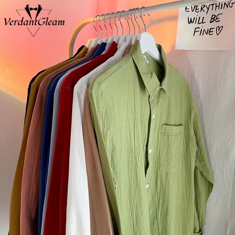 VG Cotton Linen Áo Sơ Mi Nam Dài Tay Thường Ngày Rời Phù Hợp Với Phong Cách Hàn Quốc Xu Hướng Nút Lên Top