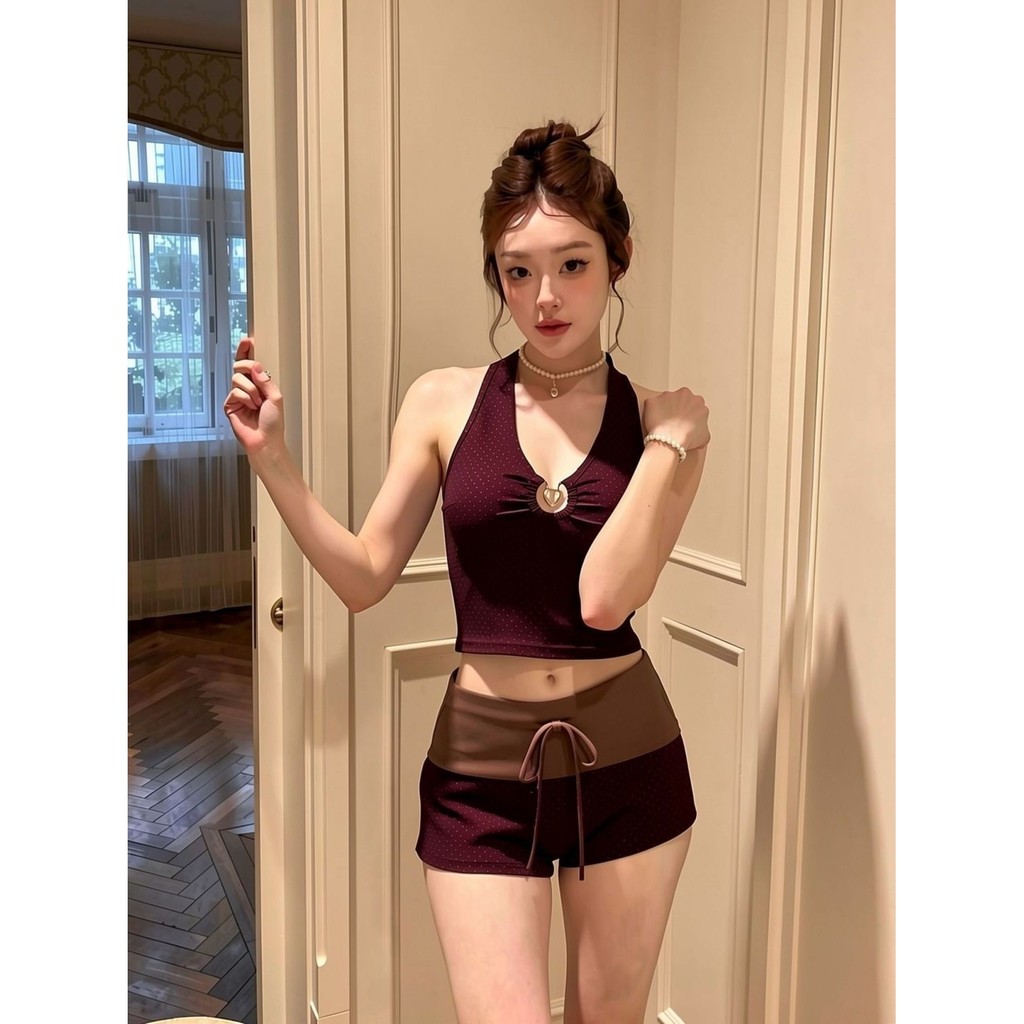 Retro Cổ Chữ V Chia Đồ Bơi Bảo Thủ Quần Short Eo Cao Kỳ Nghỉ