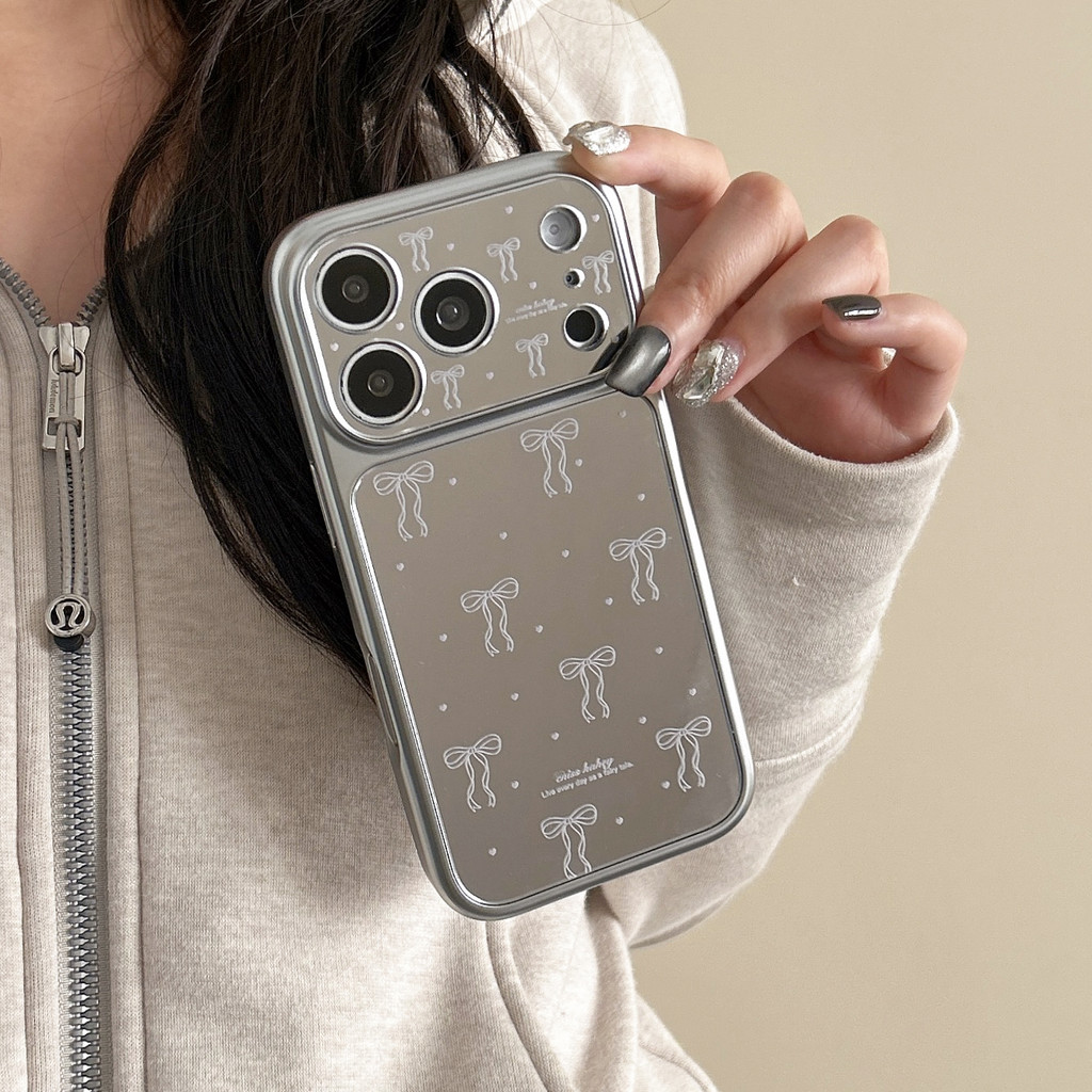 Ốp điện thoại mặt gương nơ có viền INS cho iPhone 17 Pro Max 17 16 15 14 13 Vỏ điện thoại chống rung