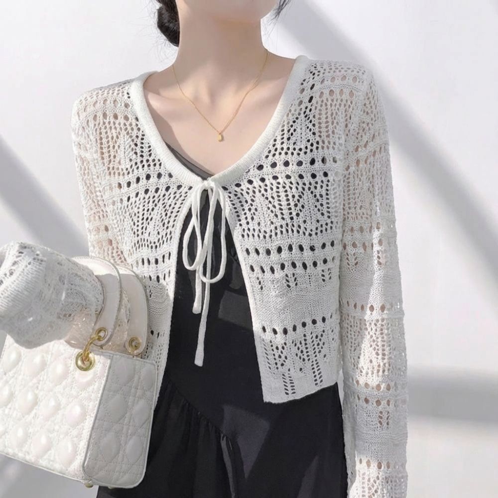 Áo chống nắng HOBBYIN, Áo len dệt kim dài tay rỗng, Áo khoác ngoài cổ chữ V mỏng thông thường mùa hè