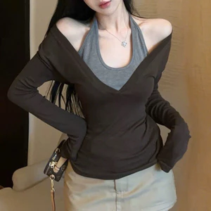 Áo thun nữ kiểu mới tay dài phối yếm xám siêu sang trọng YYS623