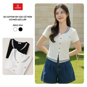 Áo phông nữ CARDINA chất cotton tay cộc cổ tròn phối cổ giả 2 lớp 6ATC15