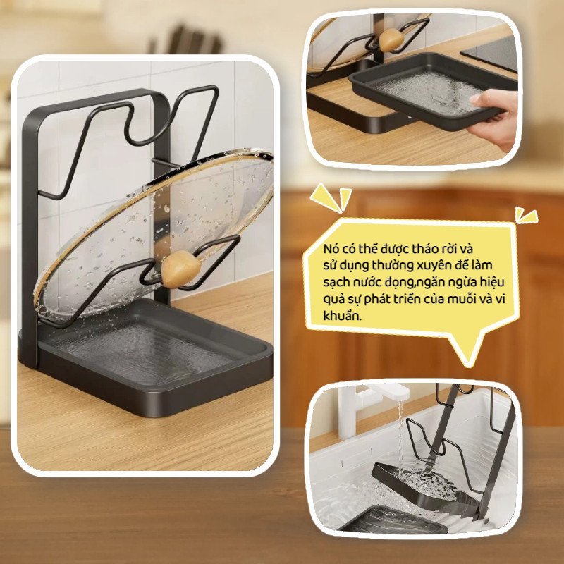 Giá đựng nắp nồi thép carbon chống gỉ 1 2 tầng khay hứng nước giải phóng không gian bếp gọn gàng