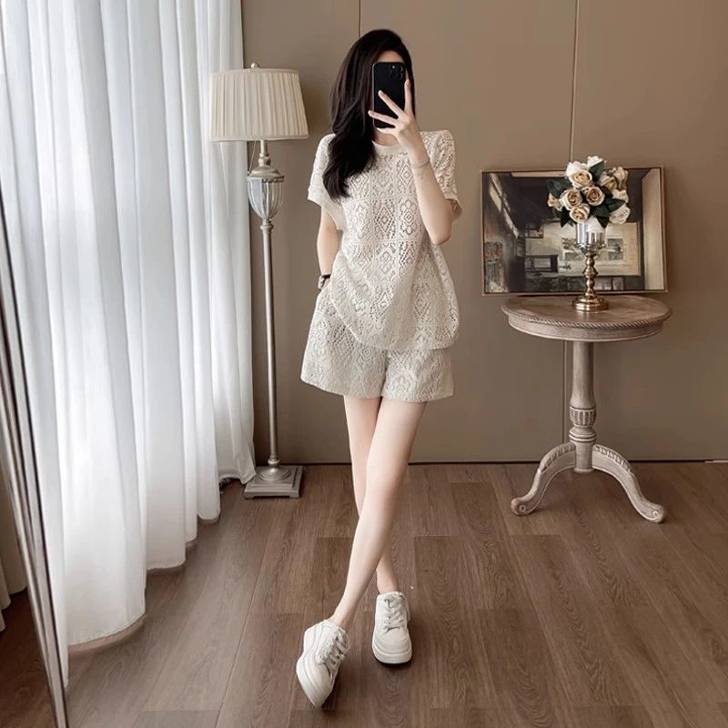 Bộ đồ ngủ ren thanh lịch kiểu Pháp dành cho nữ, bộ đồ ngủ hai mảnh tay ngắn mùa hè
