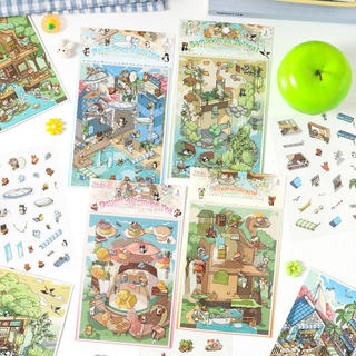 ENWEI 3 Cái [Giải Trí Bốn Chương Series] Nhãn Dán Phong Cảnh 3D Dừa Chống Thấm Nước Kỳ Nghỉ Kỳ Nghỉ Tre Zen Retreat Đề Can Chủ Đề Cho Sổ Lưu Niệm Nhật Ký