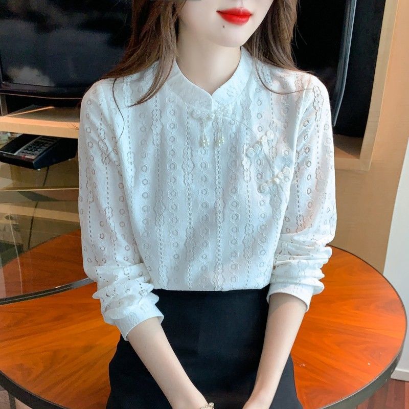 Áo sơ mi mới, thiết kế ren khoét rỗng, cổ đứng, chuẩn nàng công sở thanh lịch, duyên dáng,dễ phối đồ