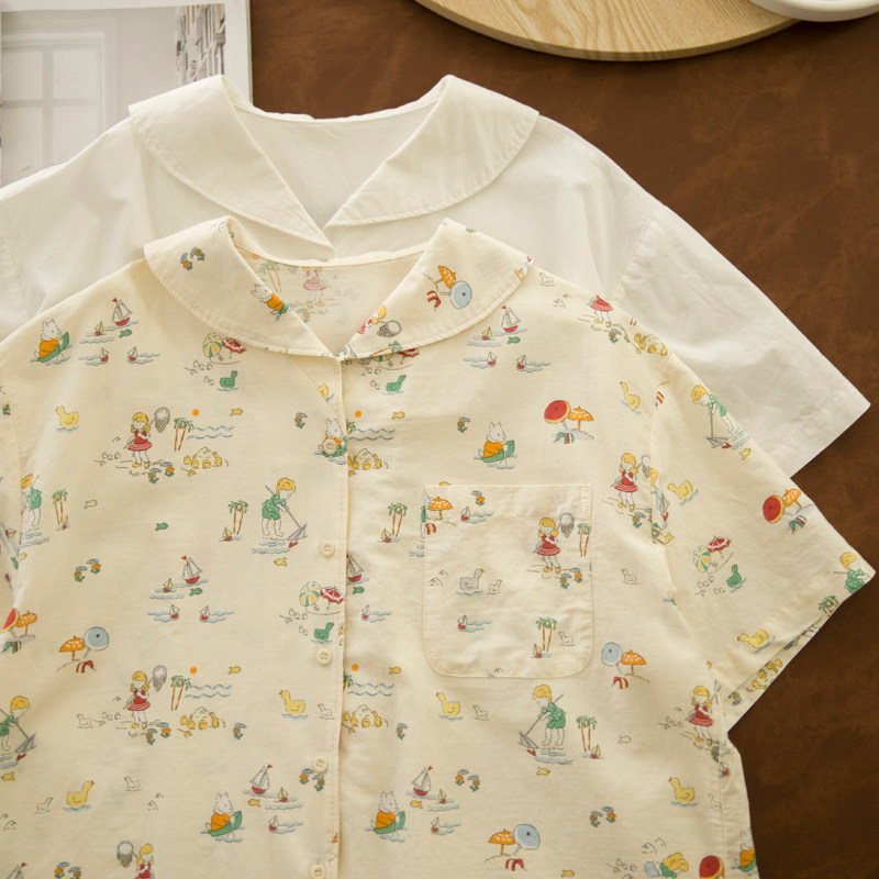 Áo sơ mi cotton cổ hải quân dáng rộng retro, phù hợp cho sinh viên