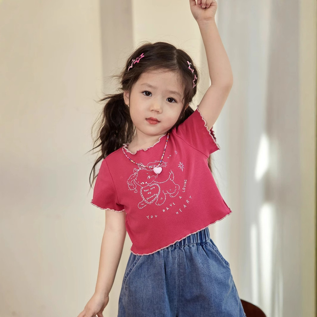 Áo thun chữ thời trang bé gái Mùa hè phong cách mới in hình gấu đáy 90-140 Size OTMZ