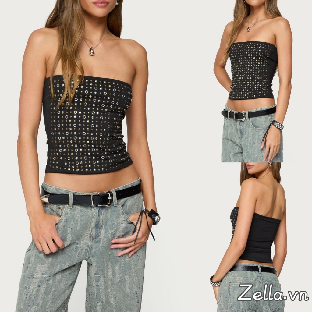 Áo Crop-Top Quây Bo Trễ, Polyester Màu Đen, Form Slim Fit