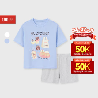 Bộ mặc nhà bé gái CANIFA áo thun cộc tay in họa tiết quần short chất cotton pha 1LS26S005