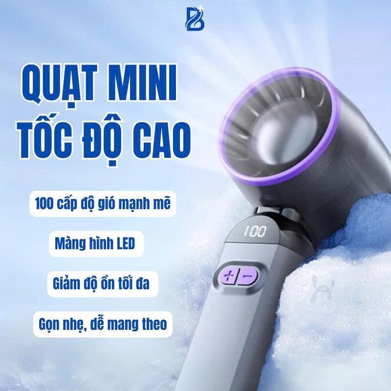 Quạt Cầm Tay FS-F85 Mini Turbo 100 Tốc Độ Gió Mạnh LED Hiển Thị Sạc USB Có Chân Đế Để Bàn Gấp Gọn