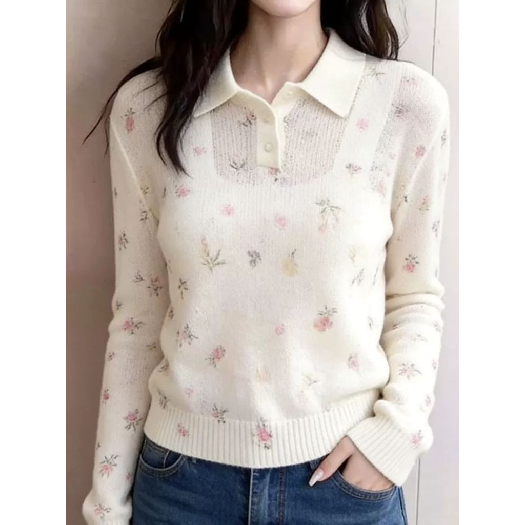Áo Polo cổ tim màu be mềm mại, thời trang dành cho nữ