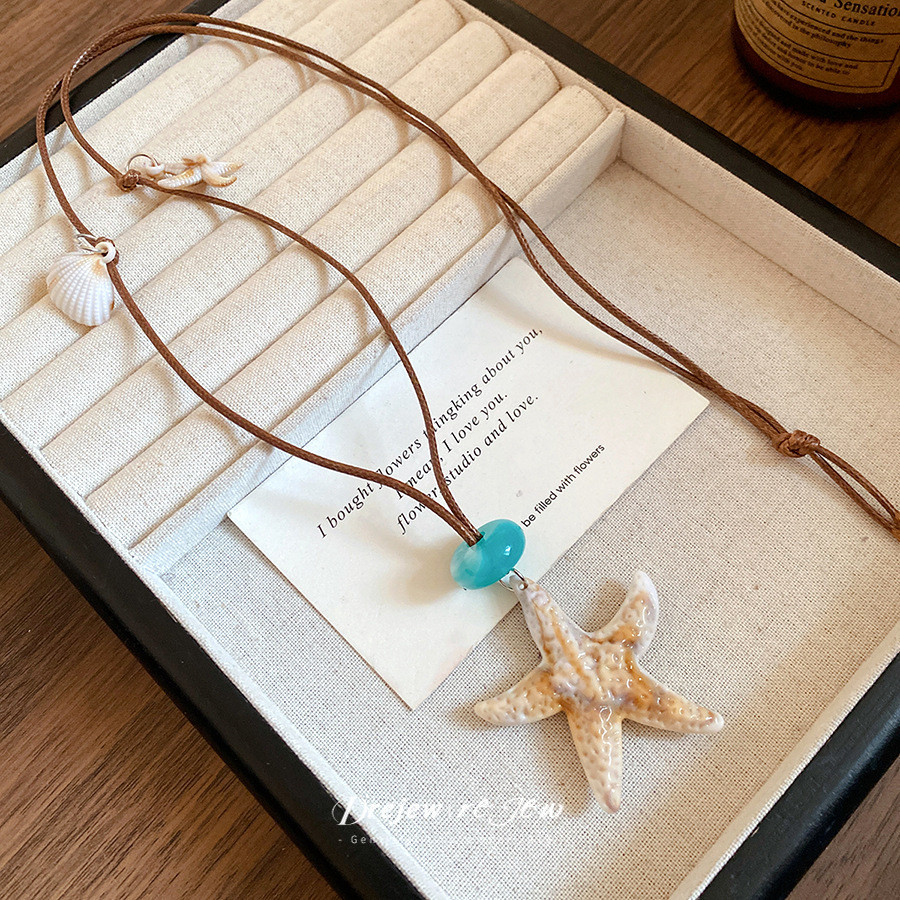 DREJEW Vòng cổ Lariat có thể điều chỉnh phong cách bãi biển đại dương dành cho nữ - Vòng cổ dây sáp vỏ sò hình sao biển, Trang sức kỳ nghỉ mùa hè Bohemian để mặc hàng ngày & du lịch