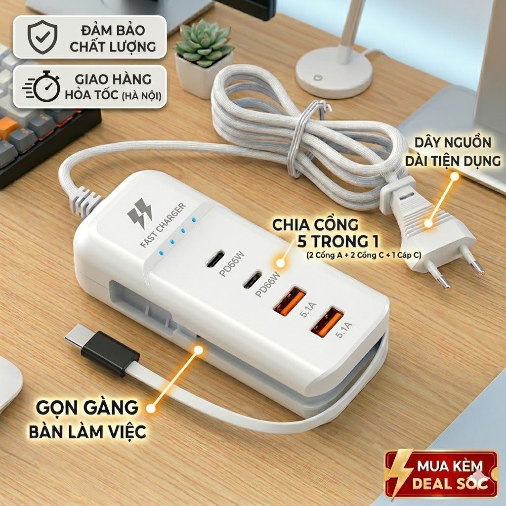 Trạm Sạc Để Bàn Củ Sạc Nhiều Cổng USB Type C Ổ Cắm Sạc Điện Thoại Đa Năng Có Dây Kéo Dài Chia Cổng An Toàn Chống Cháy