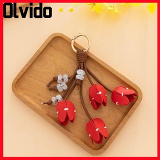 Mặt dây chuyền túi OLVIDO, Móc chìa khóa hoa bằng da PU nhiều màu, Móc khóa hoa Tulip thủ công thời trang Phụ kiện chìa khóa xe hơi