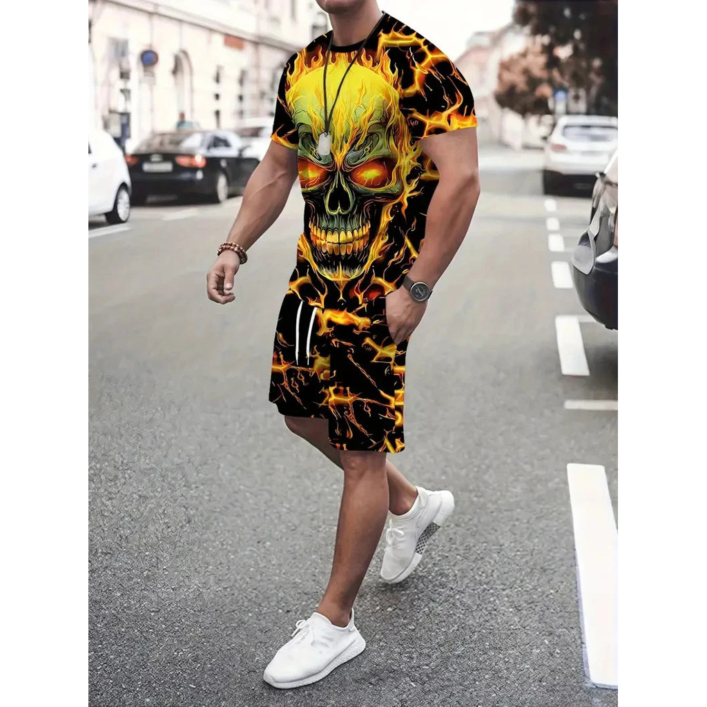 Bộ đồshort ngắn tay in họa tiết đầu lâu, phong cách unisex, đơn giản và thoải mái