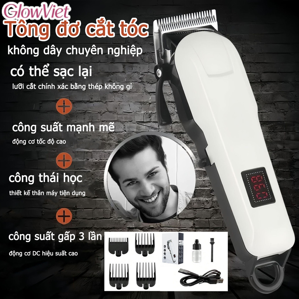 Tông đơ cắt tóc không dây chuyên nghiệp,Lưỡi titanium, màn hình LED hiển thị pin, dùng được cho cả gia đình và thú cưng