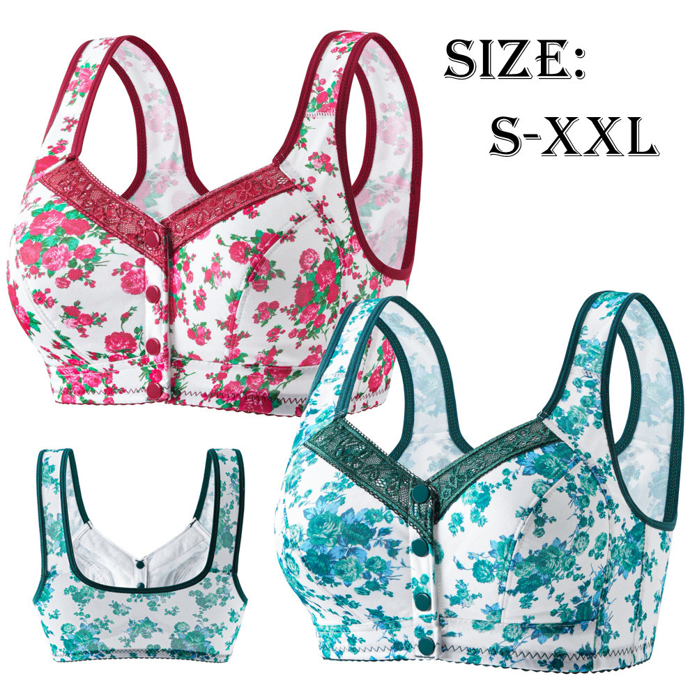 S-2XL plus size Mới Trung Niên Và Người Cao Tuổi Mẹ cotton In Nút Trước Quần Lót Mỏng Nữ Gợi Cảm Tập Hợp Chống Chảy xệ Thoải Mái Thoáng Khí Áo Ngực