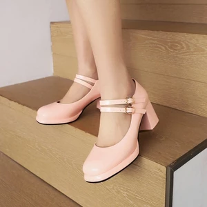VNMZGG34-39 Kích Thước Lớn Bằng Sáng Chế Da Nông Miệng Dày Cao Gót Đôi Hàng Khóa Dây Mary Jane JK Đồng Phục COS Giày Nữ