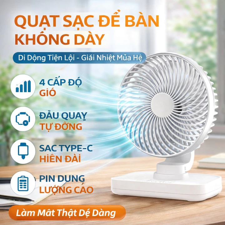 Quạt mini quạt để bàn quạt tích điện quạt không dây quạt USB quạt cầm tay quạt nhỏ gọn, 4 cấp độ gió xoay tự động sạc Ty