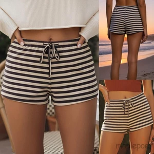 MAPLEPOET - Quần Short Mini Sọc Dây Rút Eo Thấp Cho Nữ Mùa Hè