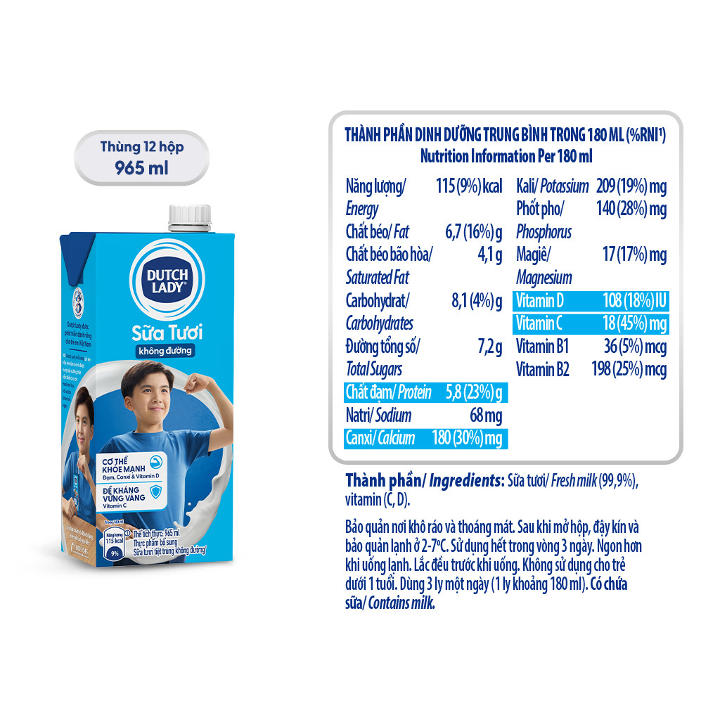 [Combo Giá Sỉ] Sữa Tươi Tiệt Trùng Dutch Lady Có Đường Và Không Đường Hộp 965ml Thơm Ngon Bổ Dưỡng