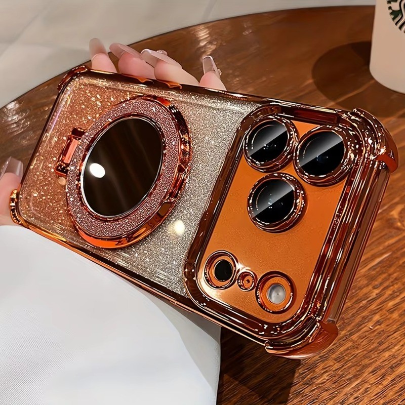 Ốp điện thoại từ tính chống sốc bốn góc mạ sang trọng cho iPhone 17 16 15 14 13 12 11 Pro Max Plus Air Glitter Holder Stand Cover