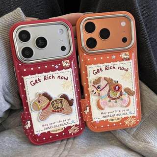 Làm Giàu Hạnh Phúc Thêu Ngựa Đỏ Cam Chấm Bi Điểm Da PU Ốp Lưng Điện Thoại iPhone 17Promax 17Pro 14 15 16 Pro Max 13 Vỏ Di Động Nữ Chống Sốc