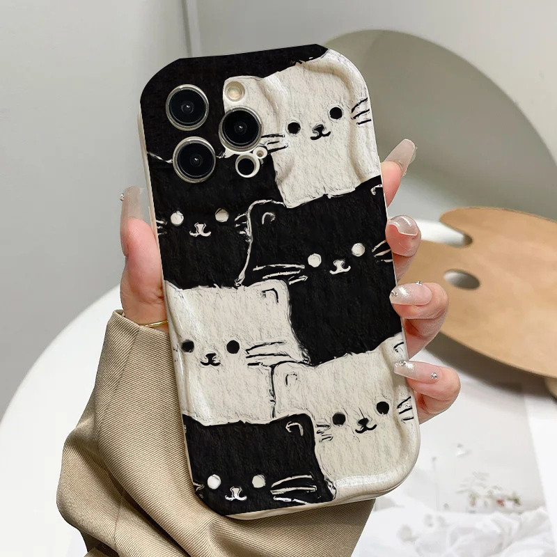 Ốp điện thoại họa tiết động vật hình mèo đen mặt trăng dễ thương cho Xiaomi Redmi Note 15 14 13 12 Pro Plus 5G Note 15 Pro 4G Vỏ silicon hoạt hình Hàn Quốc Kem gợn sóng cạnh trong suốt INS