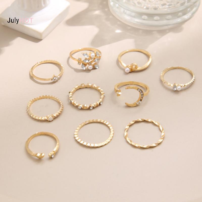 Đồng Set 10 Nhẫn Retro Với Thiết Kế Ngôi Sao, Mặt Trăng và Ngọc Trai - Phù Hợp Cho Các Chủng Mẫu