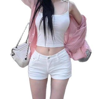 Quần shorts jean nữ eo trung ống thẳng dài 3/4 màu trắng wash co giãn nhẹ phong cách công sở