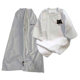 sét bộ đồ nữ Quần dài da cá xám đậm chữ kí + phối áo phông  màu trắng in chữ -thuba94