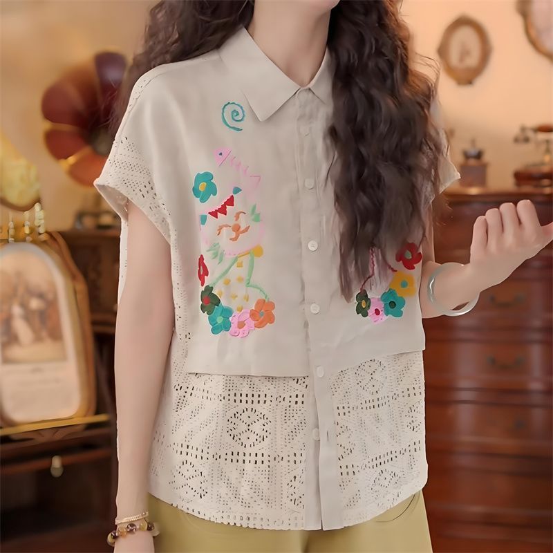 Áo sơ mi nữ thêu dáng rộng phong cách cổ điển Hồng Kông, chất liệu ren cao cấp