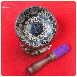 Chuông xoay Nepal 12.8cm hoa văn đúc nổi & bát bảo kiết tường-Chuông Tụng Kinh- chuông luân xa - CXNP310