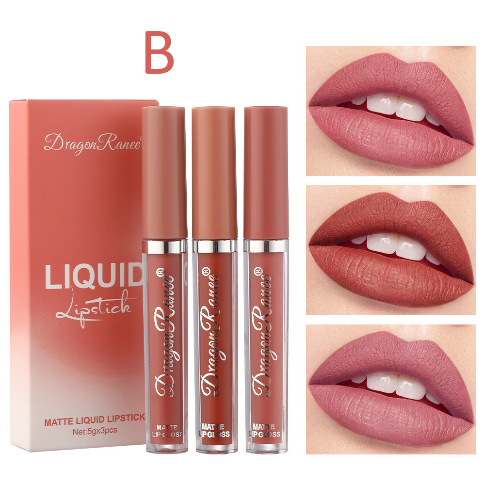 DragonRanee 3 Que Gói Môi Glaze Bộ Nhung Matte Matte Son Môi Sữa Trà Đậu Dán Màu Son Môi