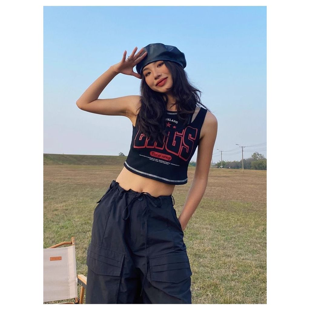 Milyfashion Áo Ngắn Ghép Giả Hai Mảnh Phối Màu Tương Phản Hình Chữ I Phong Cách Retro Mỹ Cho Nữ