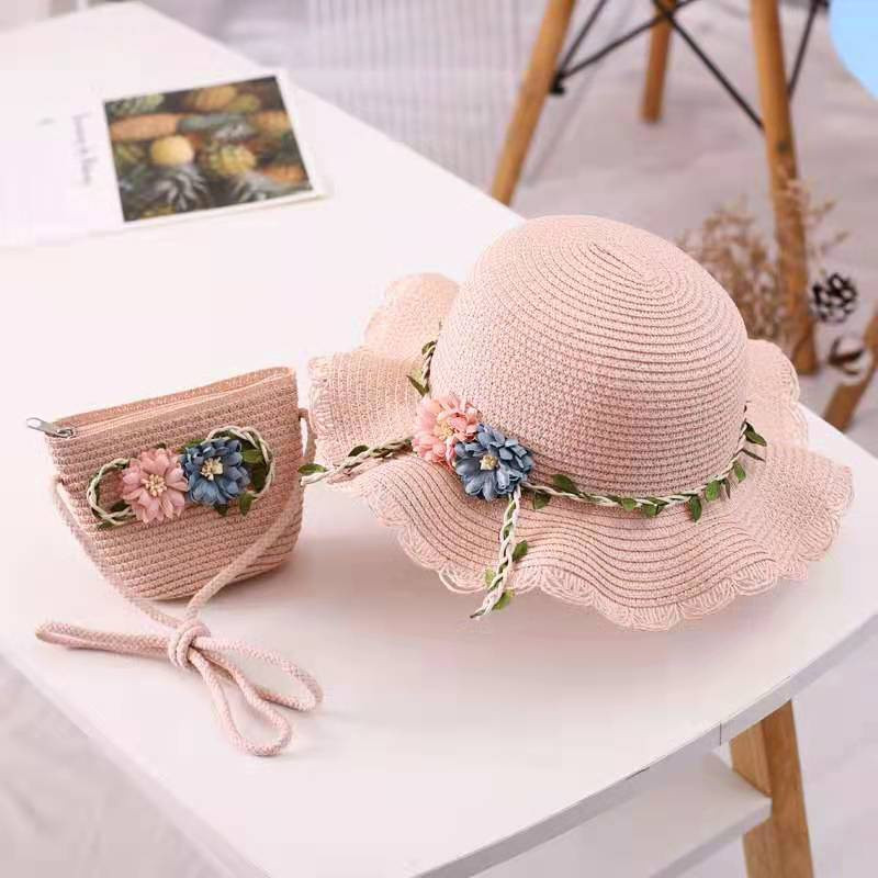 Bộ nón cói và túi đeo chéo hoa cho bé gái