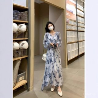 <![Giảm giá 10% trong thời gian có hạn] Váy dài plus size màu xanh in hình bướm, cổ và tay chữ V, phù hợp ngày lễ