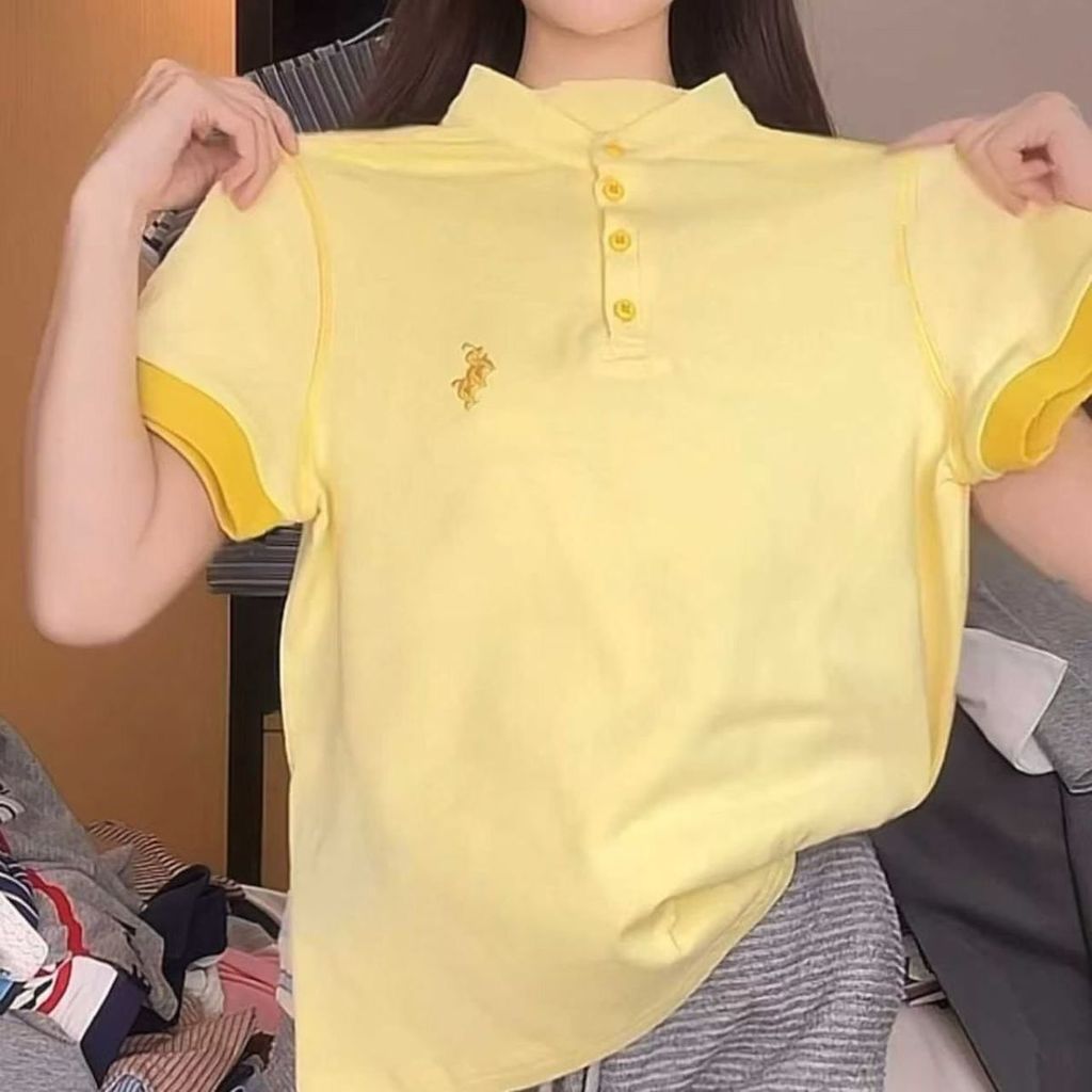 Áo sơ mi Polo thêu tay ngắn màu trơn, thời trang cho nữ