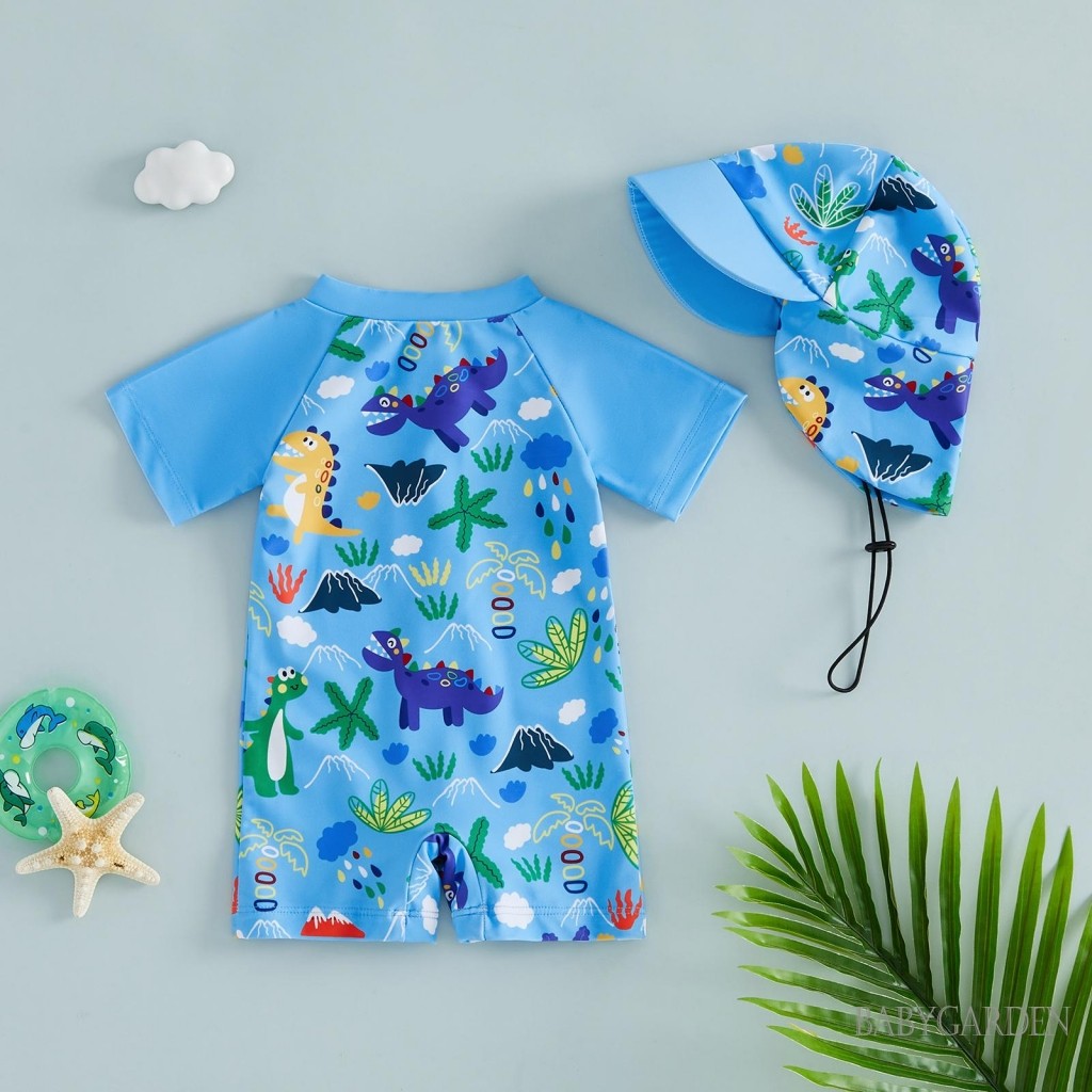 6M-4Y Bé Trai Tay Ngắn Nửa Dây Kéo Đồ Bơi Một Mảnh Có Mũ Chống Nắng Đi Biển Mùa Hè | Mặc họa tiết cá / khủng long / cây dừa