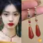 Bông tai dân tộc Hanfu màu đỏ, thiết kế giọt nước và dây chuyền tai kẹp bule dài, phù hợp làm quà tặng